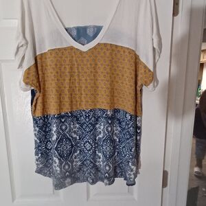 Loralette White, Yellow, and Blue V-Neck Blouse